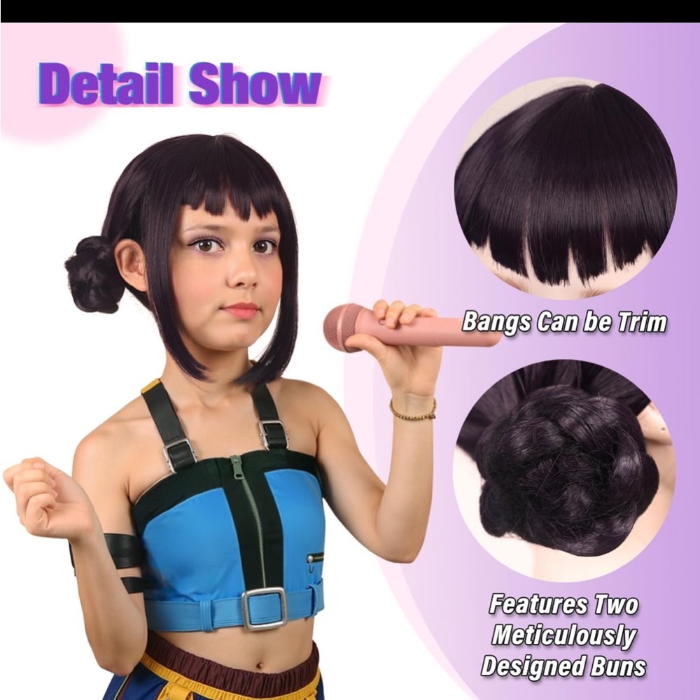 New Girl’s Black Costume Wig with side buns and bags